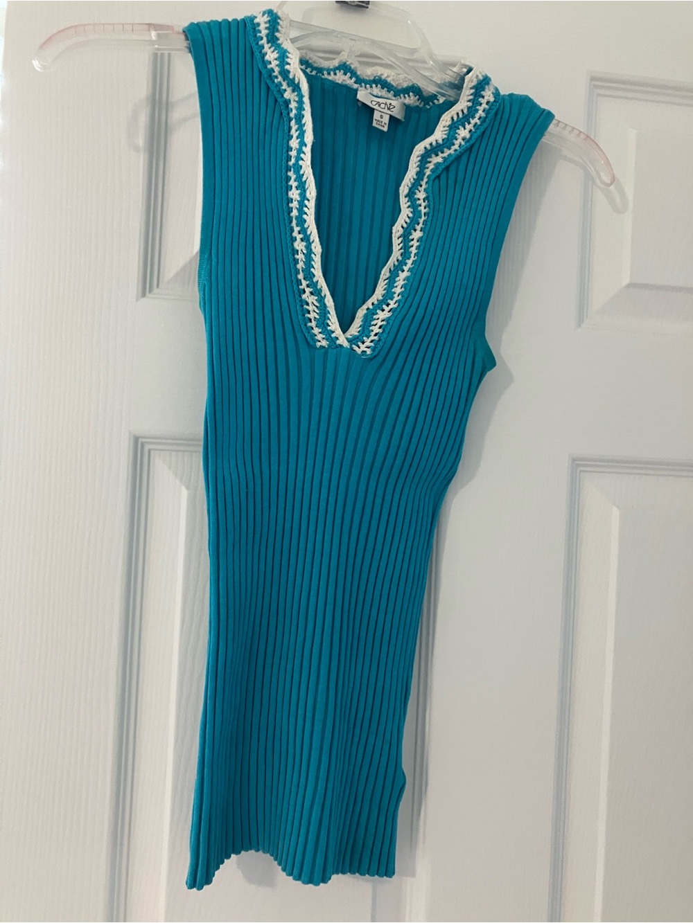 Cache Teal Ribbed V-Neck Tank with White Scallop Trim